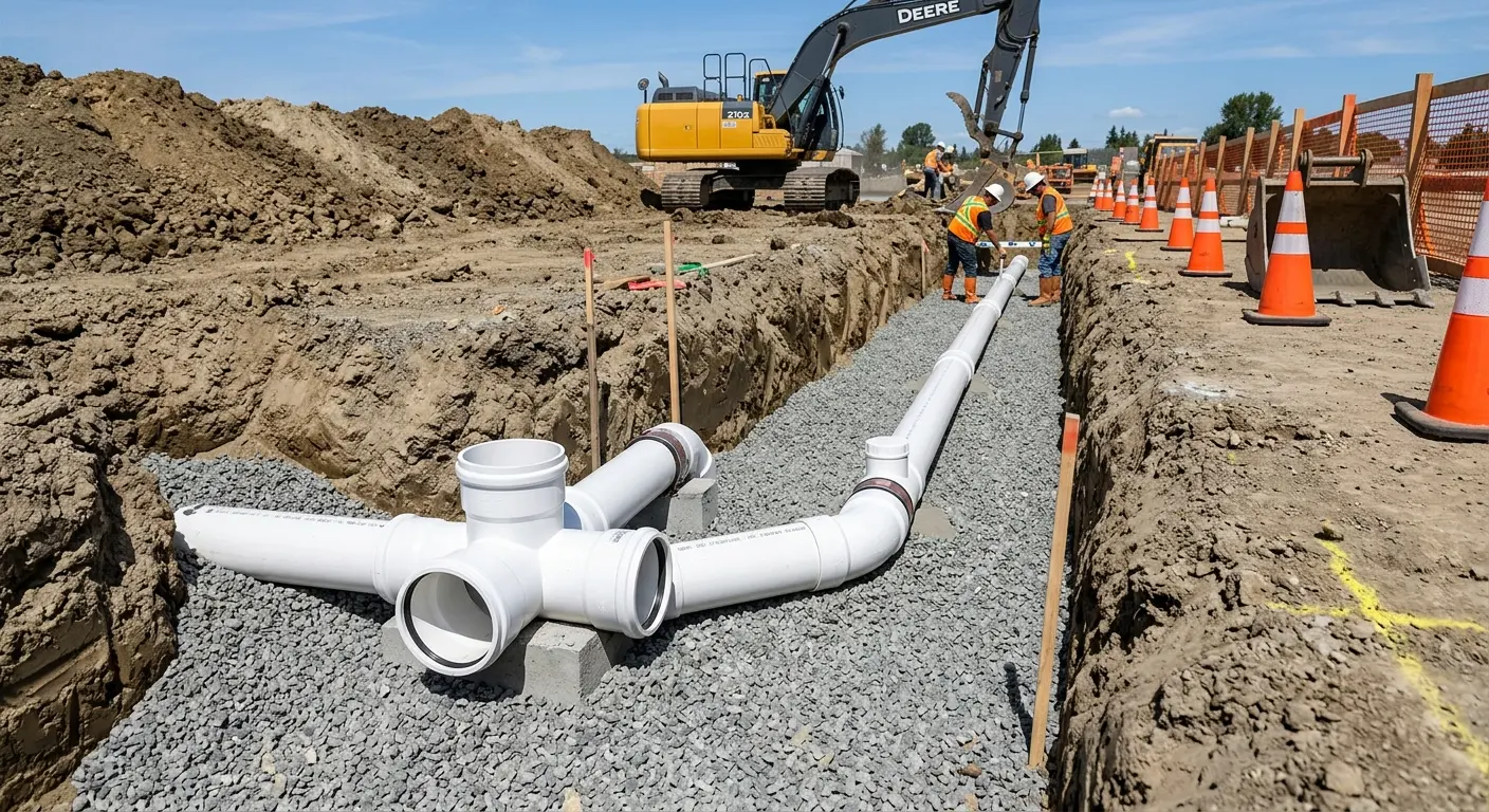 New PVC sewer pipe installation in open trench for Sewer Backup in Lebanon